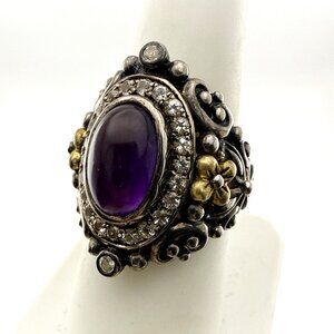Barbara Bixby Ring Sterling Silver 18K Amethyst Topaz Sz 8 Floral Cabochon 925